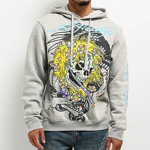 Ed Hardy Men's Yellow Hair Skull Flowers Gray Large Pullover Hooded Sweater EUC